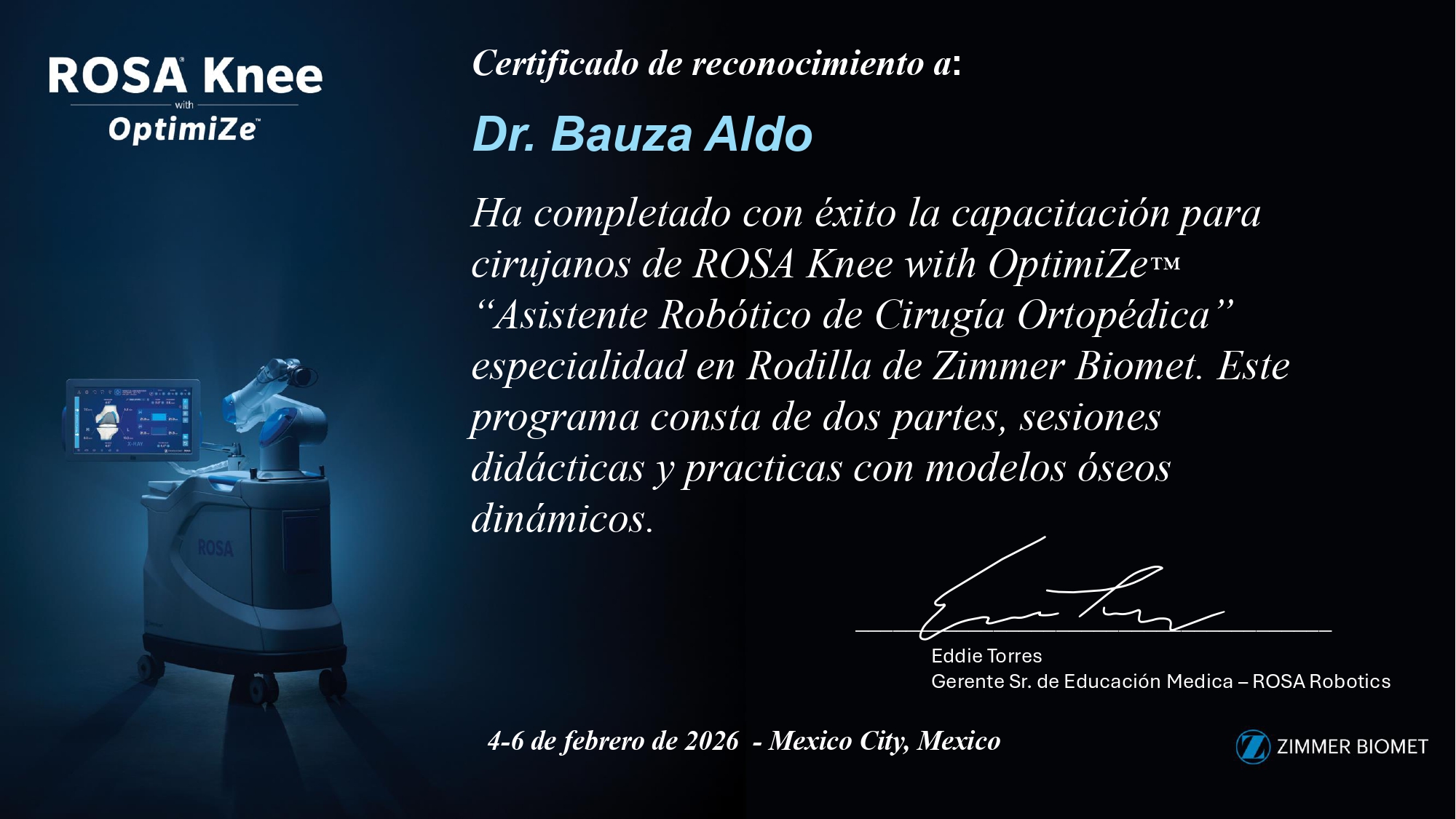 Asistente robótico de Cirugía Ortopédica, especialidad en Rodilla de Zimmer Biomet